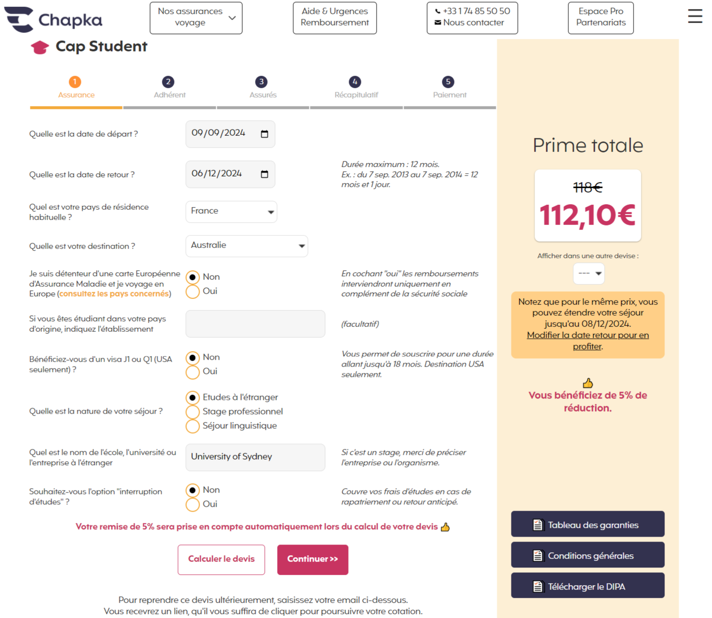 Devis avec un code promo pour l'assurance Chapka Cap Student